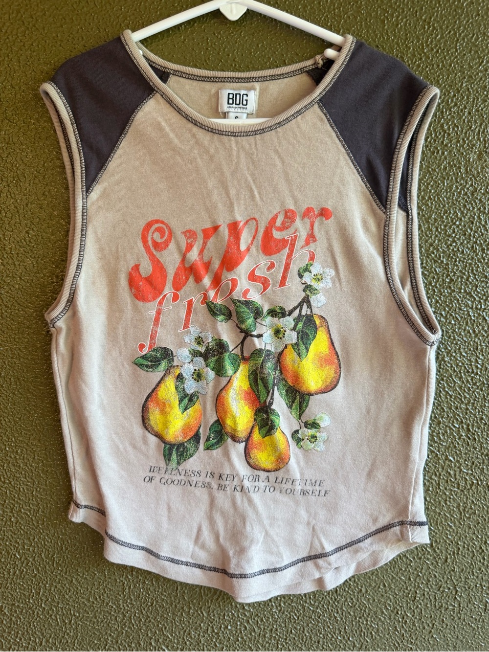 BDG Beige Graphic Tank with Orange Script, Pears, and Dark Trim